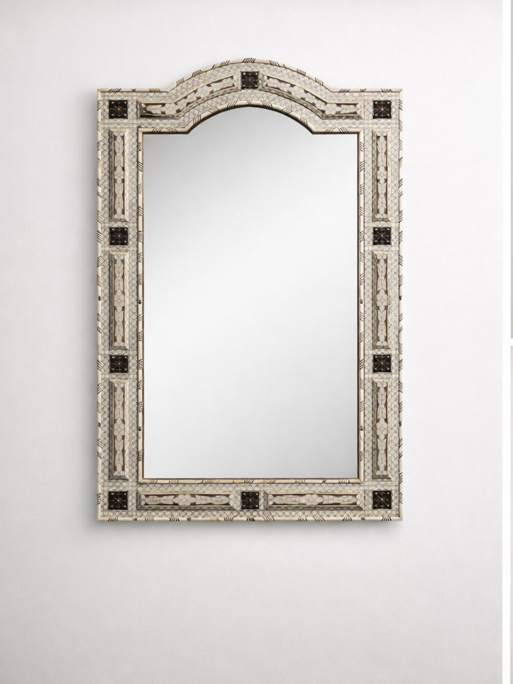Handcrafted Moorish Mother of Pearl Inlay Mirror – Bone & Pewter, Arched 41”